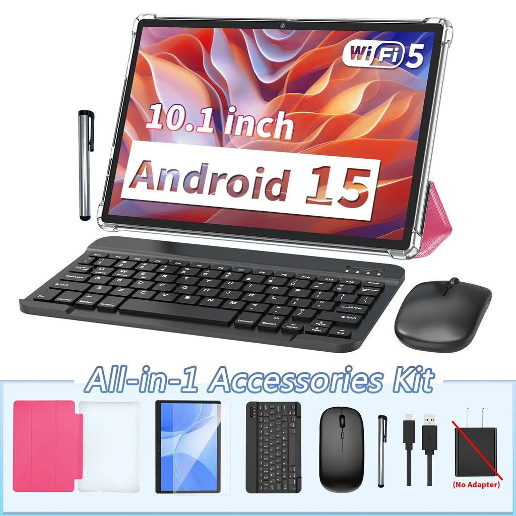 Android 15 10.1 Inch Tablet, 2 in 1 Portable Device with Keyboard, Mouse, Case, Stylus, Dual Camera