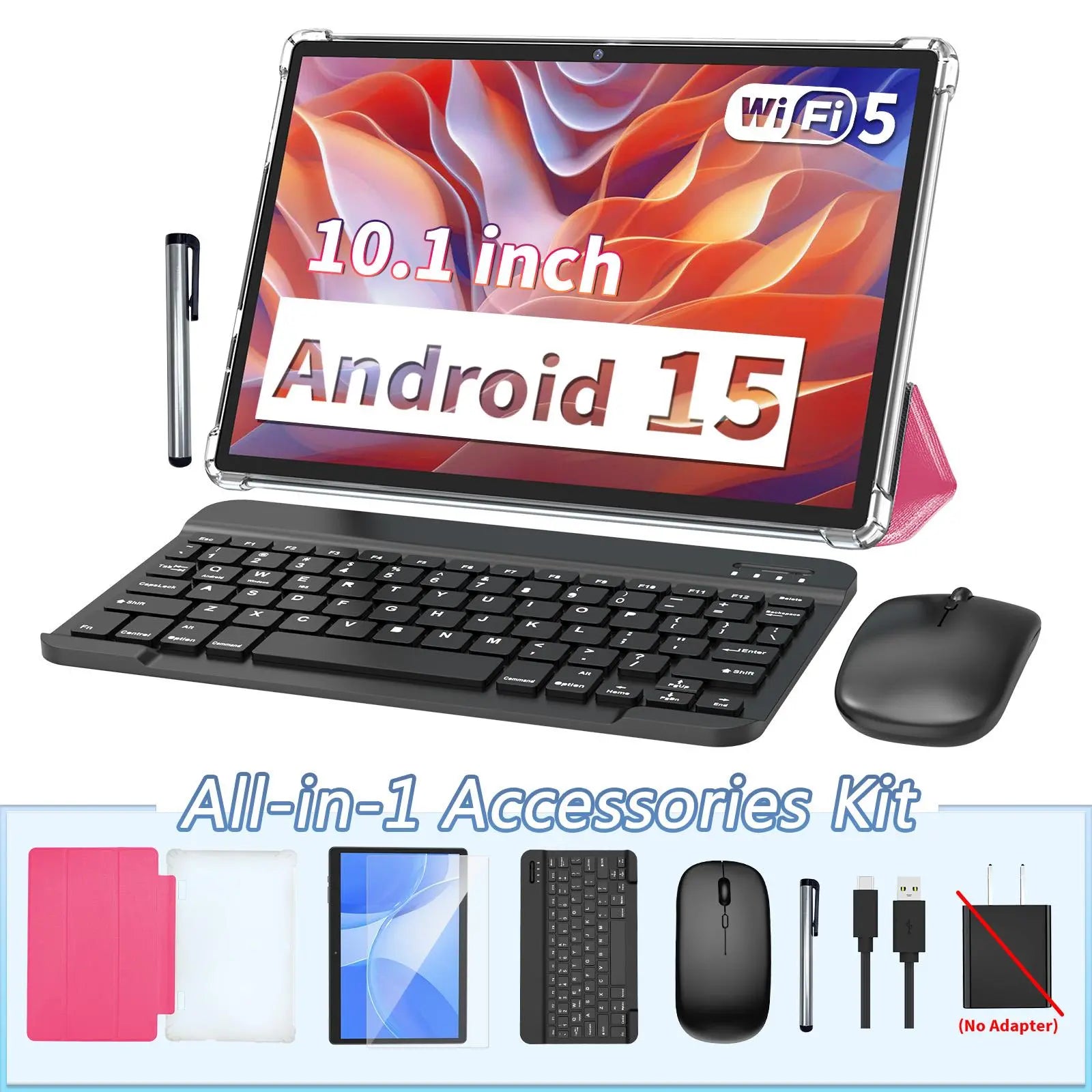 Android 15 10.1 Inch Tablet, 2 in 1 Portable Device with Keyboard, Mouse, Case, Stylus, Dual Camera