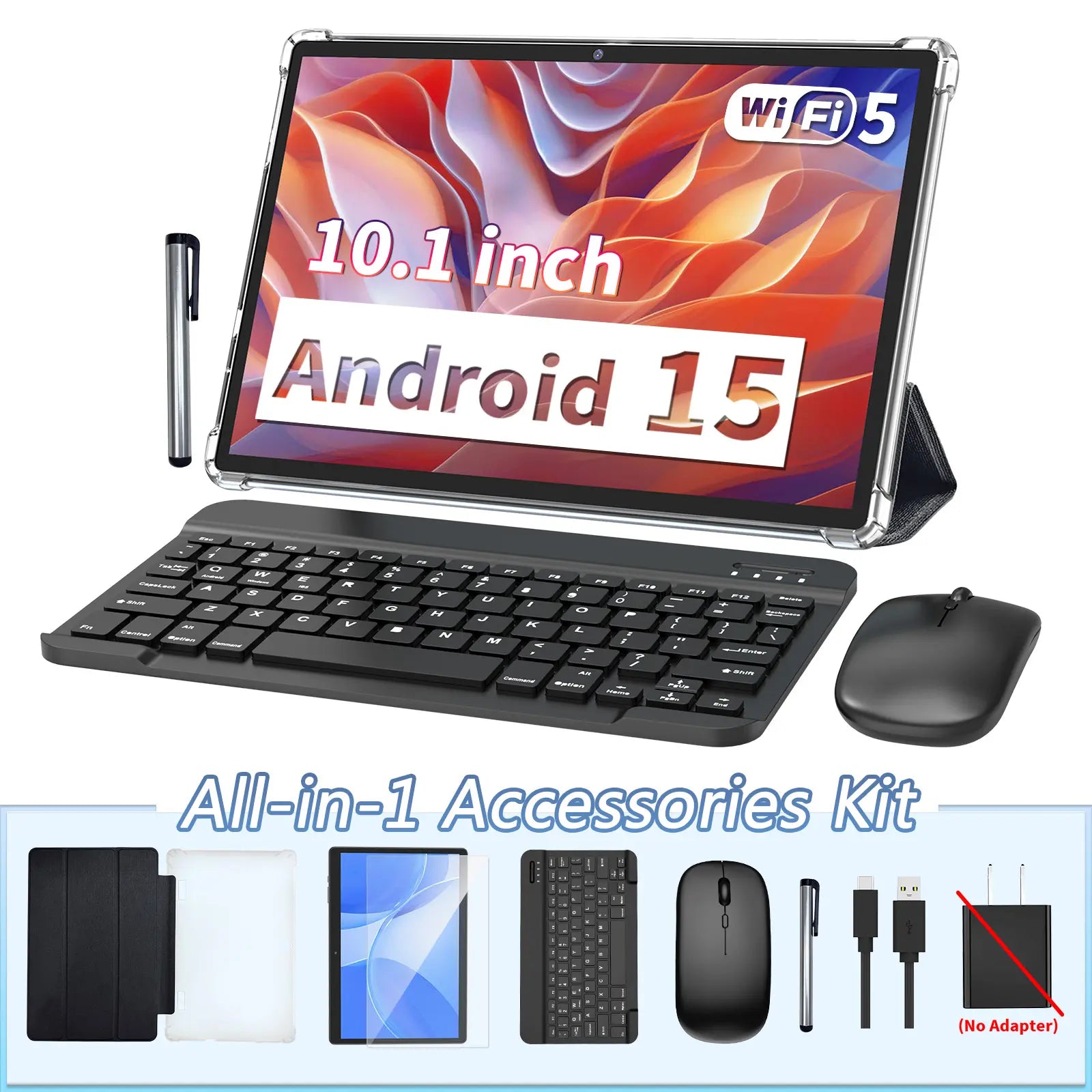 Android 15 10.1 Inch Tablet, 2 in 1 Portable Device with Keyboard, Mouse, Case, Stylus, Dual Camera