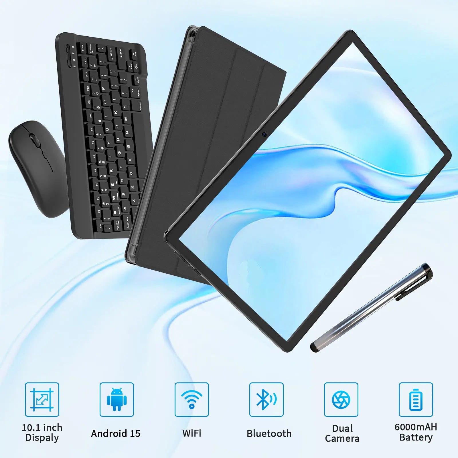 Android 15 10.1 Inch Tablet, 2 in 1 Portable Device with Keyboard, Mouse, Case, Stylus, Dual Camera