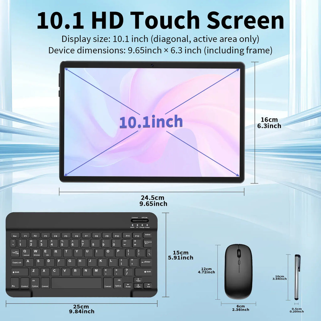 Android 15 10.1 Inch Tablet, 2 in 1 Portable Device with Keyboard, Mouse, Case, Stylus, Dual Camera