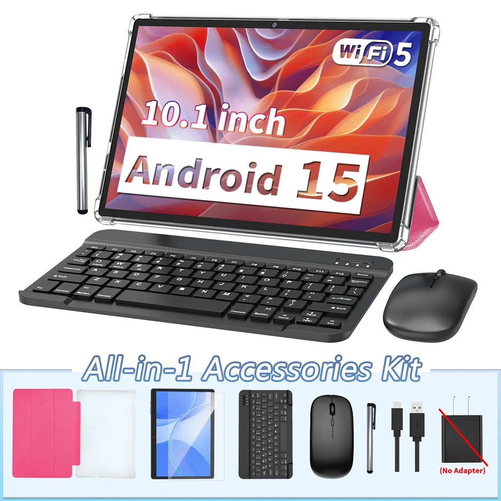 Android 15 10.1 Inch Tablet, 2 in 1 Portable Device with Keyboard, Mouse, Case, Stylus, Dual Camera