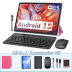 Android 15 10.1 Inch Tablet, 2 in 1 Portable Device with Keyboard, Mouse, Case, Stylus, Dual Camera