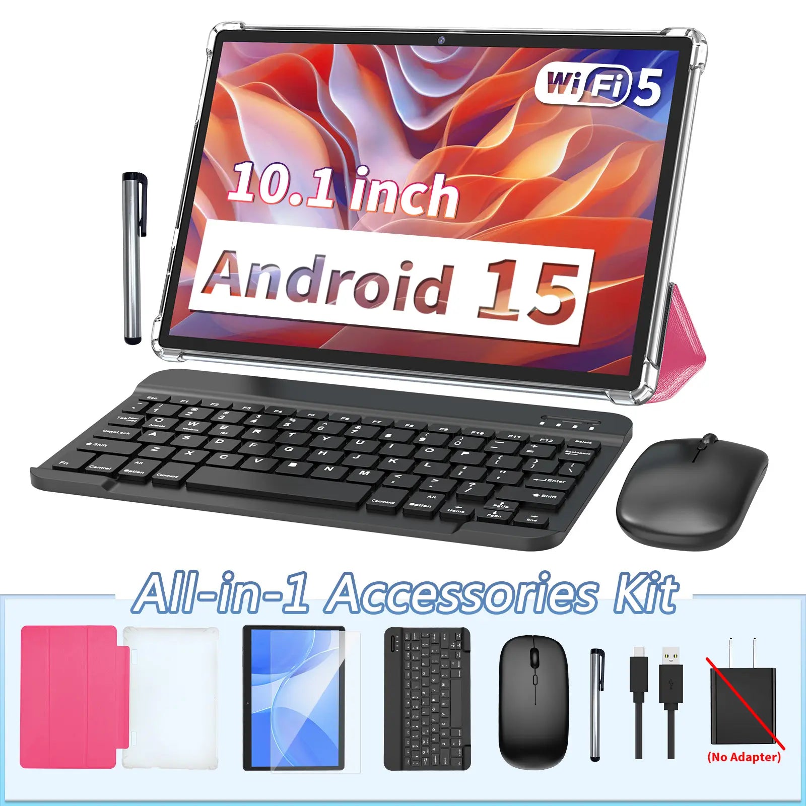 Android 15 10.1 Inch Tablet, 2 in 1 Portable Device with Keyboard, Mouse, Case, Stylus, Dual Camera