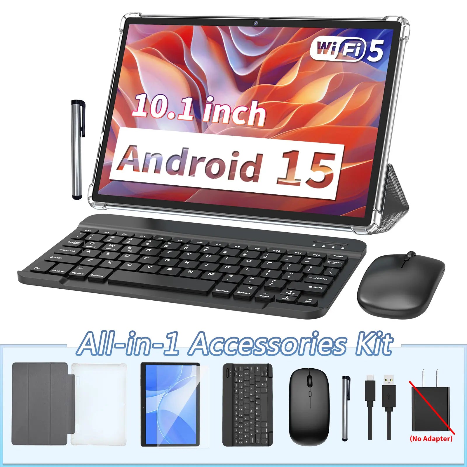 Android 15 10.1 Inch Tablet, 2 in 1 Portable Device with Keyboard, Mouse, Case, Stylus, Dual Camera