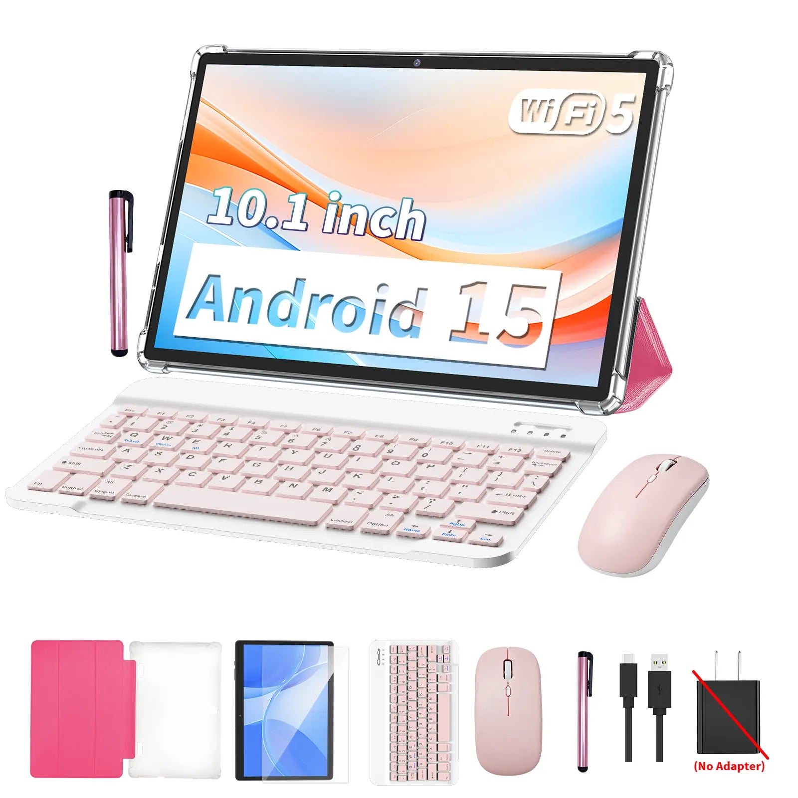Android 15 10.1 Inch Tablet, 2 in 1 Portable Device with Keyboard, Mouse, Case, Stylus, Dual Camera