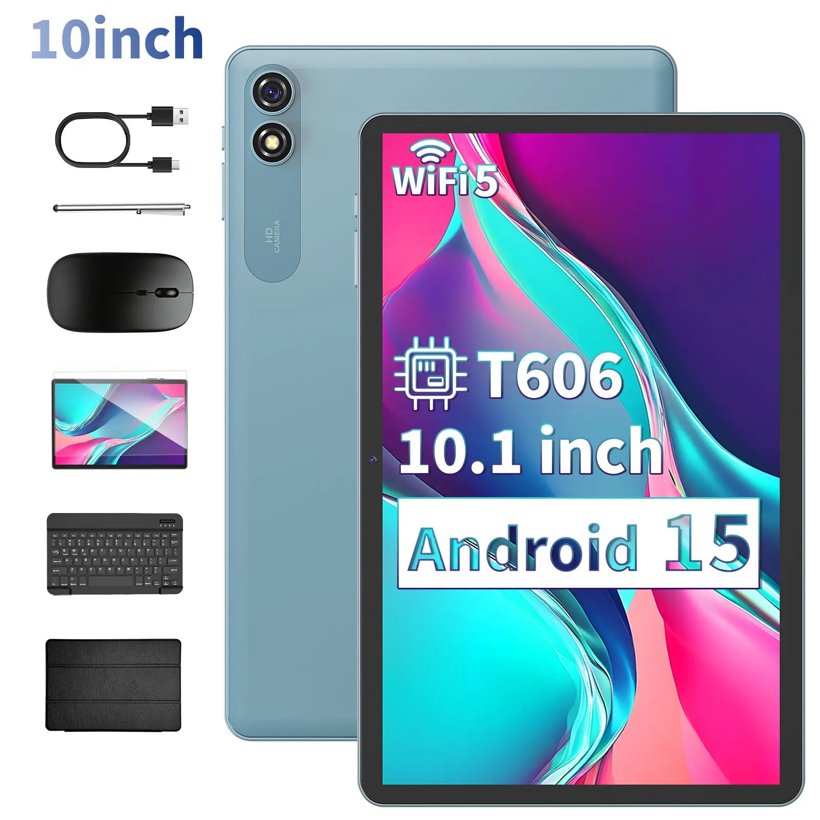 Android 15 Tablet Set with Keyboard, Case, Mouse, Stylus, Screen Protector, 6GB+128GB ROM，5G WiFi