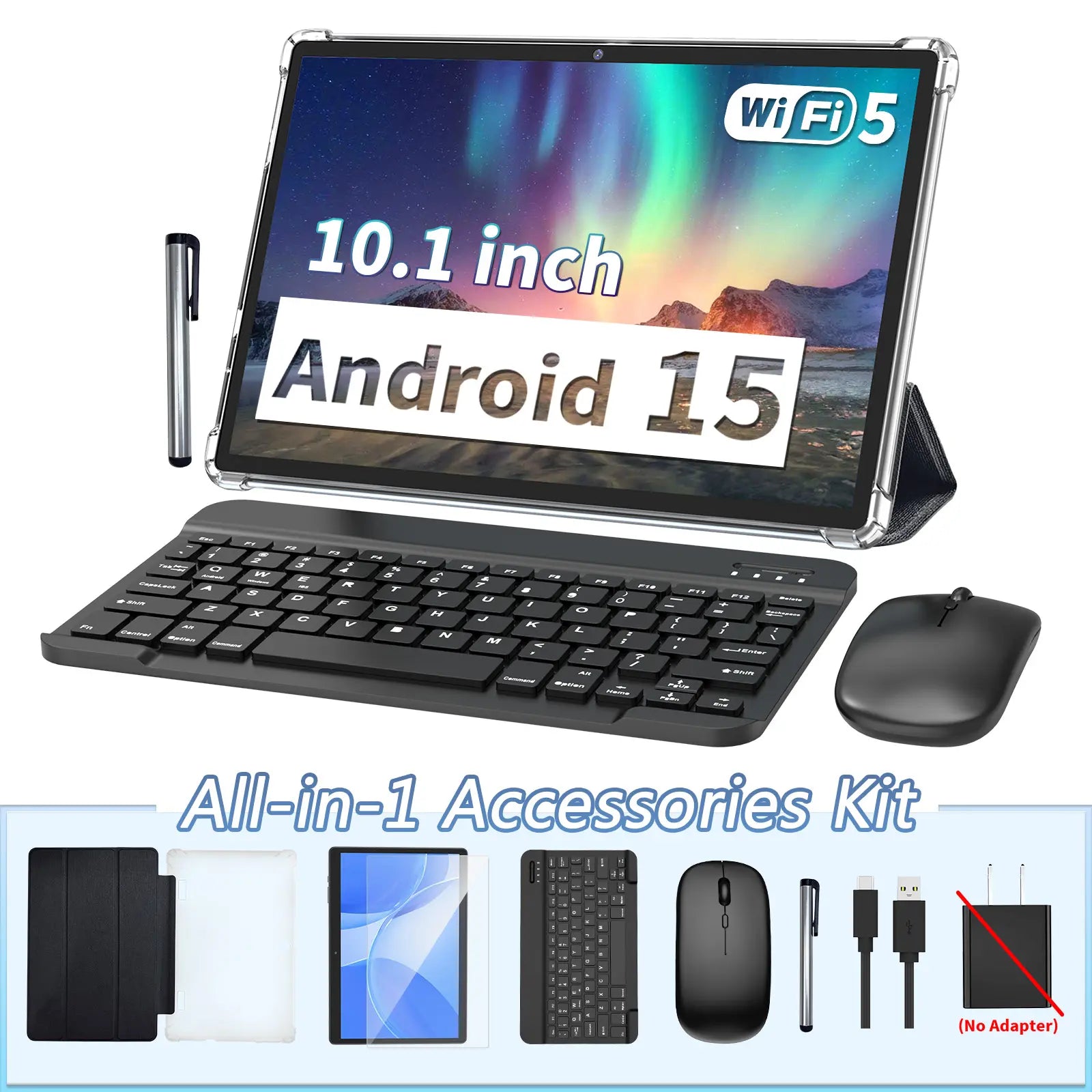 Android 15 Tablet Set with Keyboard, Case, Mouse, Stylus, Screen Protector, 6GB+128GB ROM，5G WiFi