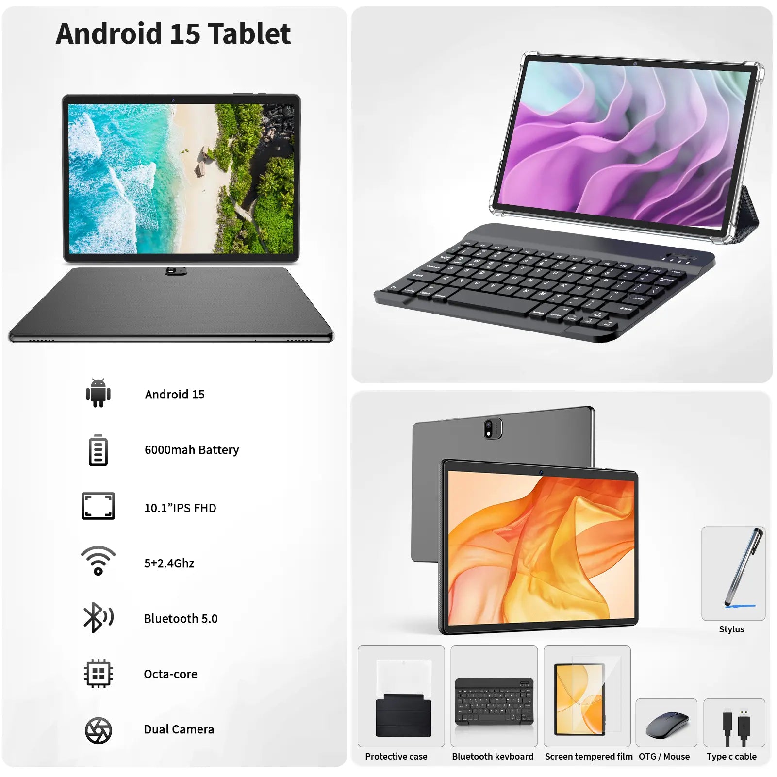 Android 15 Tablet Set with Keyboard, Case, Mouse, Stylus, Screen Protector, 6GB+128GB ROM，5G WiFi