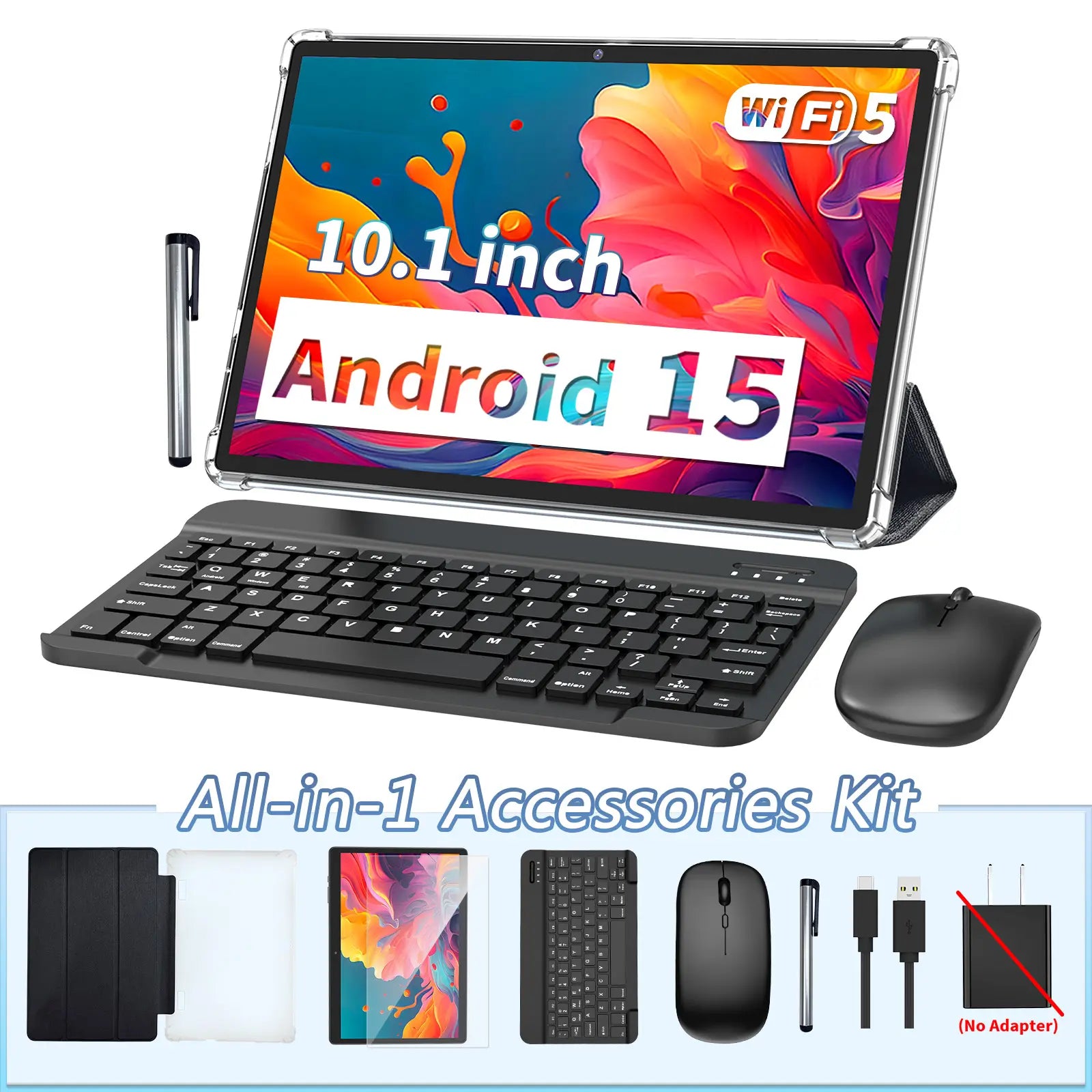10.1 Inch Android 15 Tablet, Wireless Set with Keyboard, Mouse, Case, Stylus, Dual Camera